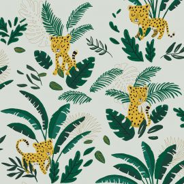 Papier peint - Motif petit guepard et feuillages - Fond clair