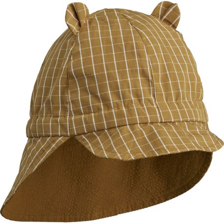 Chapeau de soleil réversible Gorm seersucker - Y & D check: Golden caramel & White