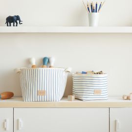 Panier de rangement Little Django - 18 x 18 x 18 cm - Blue Thin Stripes & Natural
